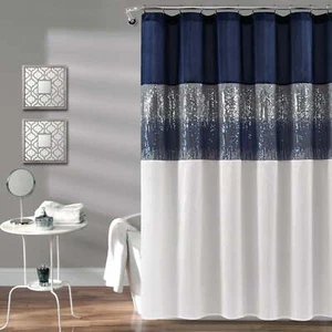 Night Sky Sparkle Sequin Stripe Polyester Shower Curtain, Navy/White - Picture 1 of 6