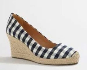 J. Crew Blue White Check Gingham Espadrille Wedge Heels Size 9.5 - Picture 1 of 8