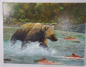 Dipinto olio 18x24 non firmato anni 2000 montagna che corre fiume orso bruno pesce salmone - Foto 1 di 23