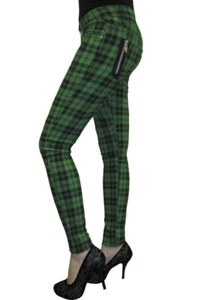 BANNED Apparel Green Tartan Check Skinny Punk Emo Stretch Rockabilly Trousers - Picture 1 of 1