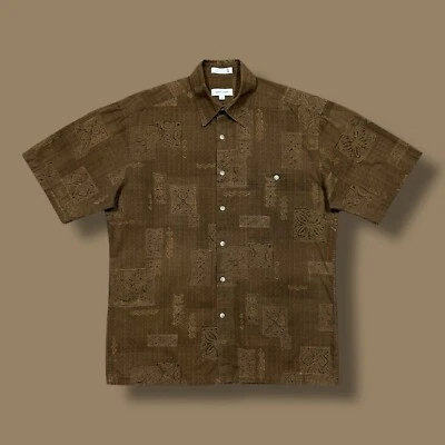 Camisa Hawaiana De Colección Estampado Tropical Geométrico Abotonada y2k Algodón Marrón Mediana Foto 1 de 4