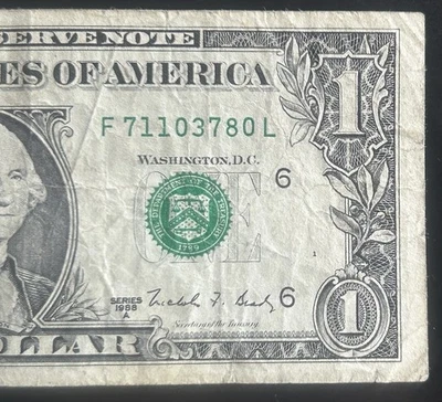 (WEB PRESS NOTE!) $1 F/L Plate 3/2 Rare Web Note F71103780L Series 1988A - Image 1 of 4