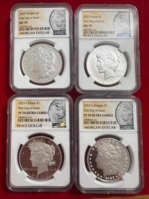 2023 S Dólares Morgan & Peace - Juego de 4 monedas primer día de emisión NGC MS70 y PF70 Foto 1 de 2