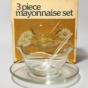 Vintage Indiana Glass Mayonnaise Set 3 Piece Crystal Bowl Spoon Plate 2129 Box - Picture 1 of 8