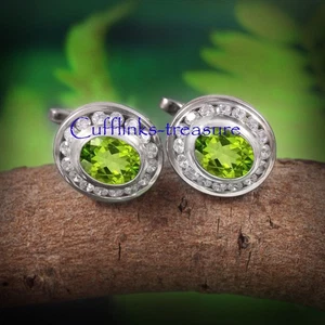 Natural Peridot & CZ Gemstones with 925 Sterling Silver Cufflinks For Men's #821 - Picture 1 of 6