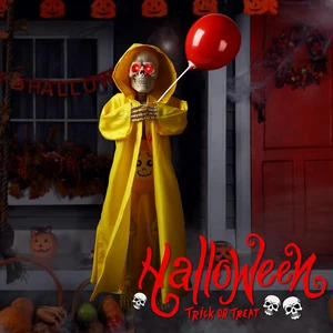 Halloween Red Balloon Glowing Red Eyes Standing Life Size Scary Skeleton Decor - Picture 1 of 6
