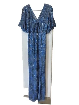 Aidan Mattox Women's Blue Beaded V Neck Short Sleeve Evening Gown dress SIze 0 - Image 1 of 4