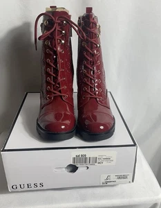 GUESS Neadyn3 Medium Red Logo Patent Lace-Up Heeled Boots Size 10M New - Picture 1 of 11