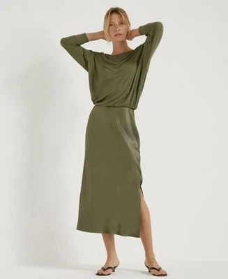 Vestido midi Michael Stars Nadia de tela mixta satinada en verde oliva, talla S Foto 1 de 4