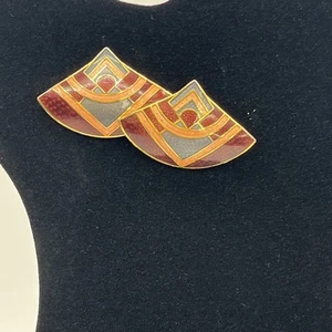 Römische Cloisonné-Ohrstecker in Fächerform Vintage goldfarben Emaille signiert - Bild 1 von 6
