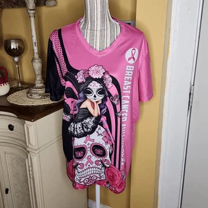 Sugar Skull Brustkrebs Bewusstsein rosa bedrucktes Top Gr. L - Bild 1 von 3