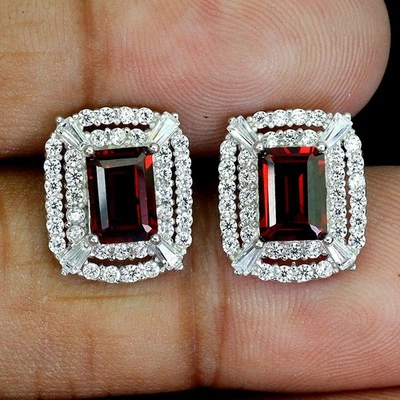 925 Sterling Silver Earrings Octagon Mozambique Garnet 7x5mm Gemstone Jewelry - Image 1 of 4