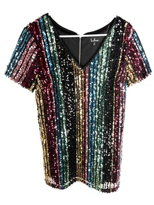 Mini Vestido Lulu's Multicolor Lentejuelas Manga Corta Mediano Fiesta Vacaciones Brillante NUEVO - Imagen 1 de 5