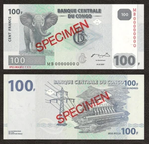 REPÚBLICA DEMOCRÁTICA DEL CONGO 100 Francos MB-O ESPÉCIMEN 2007 P-98s UNC Sin Circular - Imagen 1 de 1