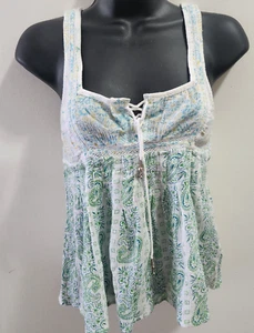 Vintage Free People Tank Top Hippy Green Size 4 Bell Tassel Paisley Cotton Swing - Picture 1 of 6
