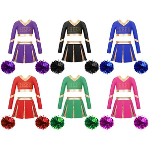 UK Kids Girls Cheerleading Outfit Set Dress Up Long Sleeve Crop Top with Skirt - Picture 1 of 72