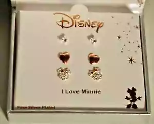 Disney Minnie Mouse, Corazones Finos Plateados 3 Pares Pendientes Tachonados Nuevo en Caja - Imagen 1 de 1