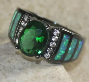 BLACK SILVER Elegant Green Fire Opal & Green Peridot Oval Ring Size 10, WR41804 - Picture 1 of 3