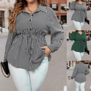 Plus Size 16-24 Womens Striped Shirts Tops Long Sleeve Work Office Casual Blouse - Picture 1 of 17
