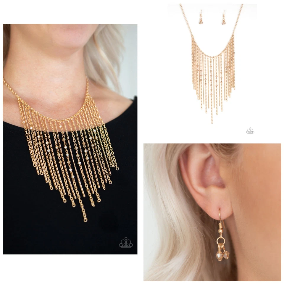 Joyería Paparazzi Nuevo Conjunto de Pendientes de Cuentas Collar de Oro con Flecos de Primera Clase  Foto 1 de 1