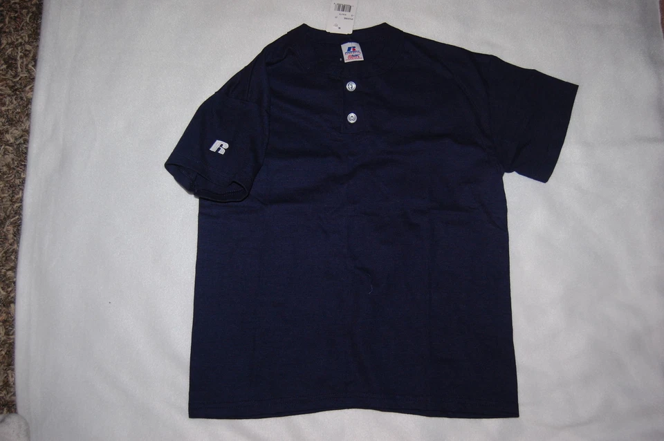 Boys NAVY BLUE S/S HENLEY T-SHIRT Russell Athletics SIZE S M L  - Image 1 of 1