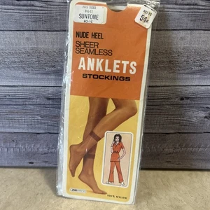 Vtg Seamless Sheer Anklets Suntone Nylon Stockings 1970s Prop Fits 8.5-11 KMART - Picture 1 of 5