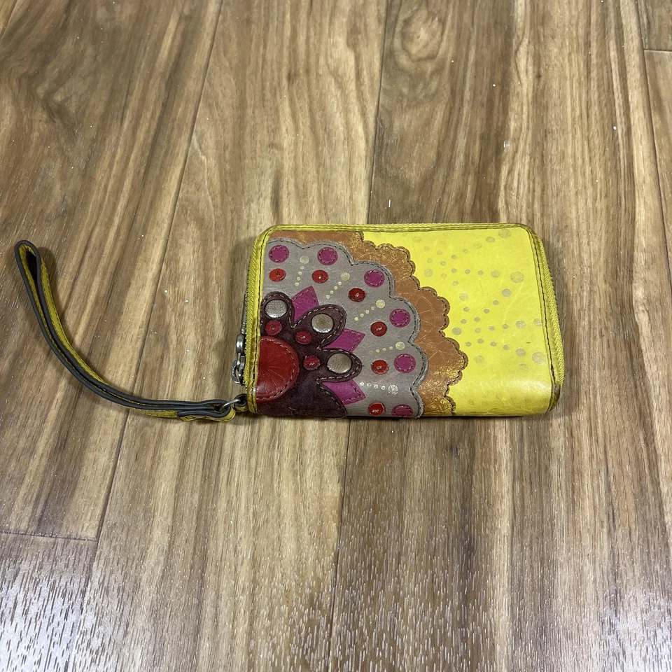 Fossil Wallet Wristlet Womens Yellow Leather Zip Around Floral Key Charm Boho - Image 1 of 4