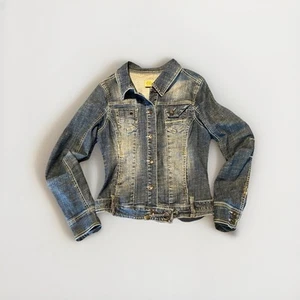 Clash Womens Jean Jacket Sz M Distressed Grommets Details Y2K Grunge Streetwear - Picture 1 of 18