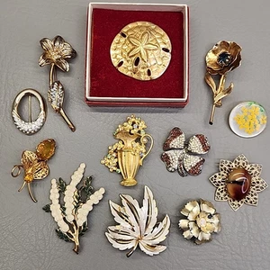 Lote de 12 Broches Esmaltes Estrás JJ Hoja Arena Dólar Flores Tono Dorado - Imagen 1 de 15