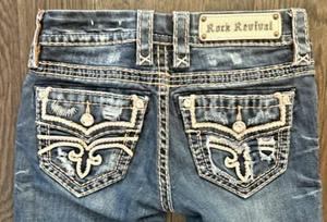 WOMENS Rock Revival "SUKURA" Crystals Leather Inserts Faux Flap Crop Jeans 24x25 - Picture 1 of 20