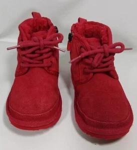 UGG Neumel Red Suede Chukka Boot Kids USA sz 11 Sturdy Side Zip Tie Front Ankle - Picture 1 of 14