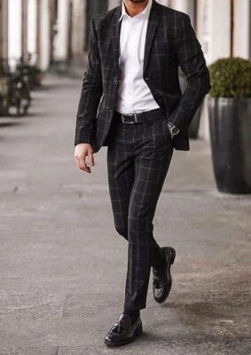 Men's Slim fit Black 2 Piece Suit 2 Piece Suit One Button Plaid Business Suit - Image 1 of 4
