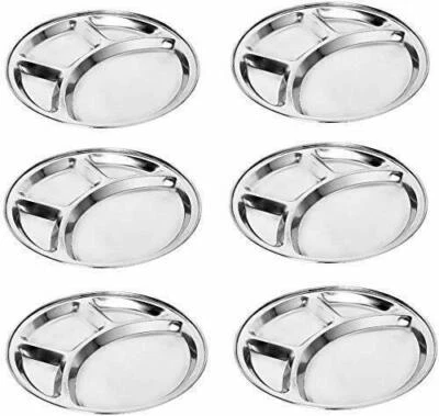 Handmade Lunch Dinner Plate Bhojan Stainless Steel Thali 4 Compart Dia 10 Inches - Image 1 of 4