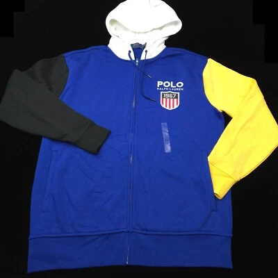 NEW POLO RALPH LAUREN HOODIE SWEATER LT TALL BLUE WHITE BLACK COLORBLOCK -SHIELD - Image 1 of 4