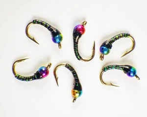 Ninfas de tungsteno Zebra Midge arco iris negro - moscas premium de pesca con mosca trucha - Imagen 1 de 24