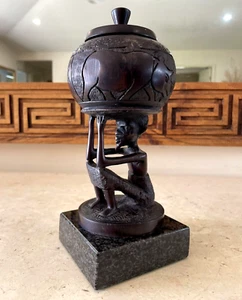 Vintage African Ebonised Carved Lidded Bowl of Man on a Granite Base. 24cm Tall - Picture 1 of 12
