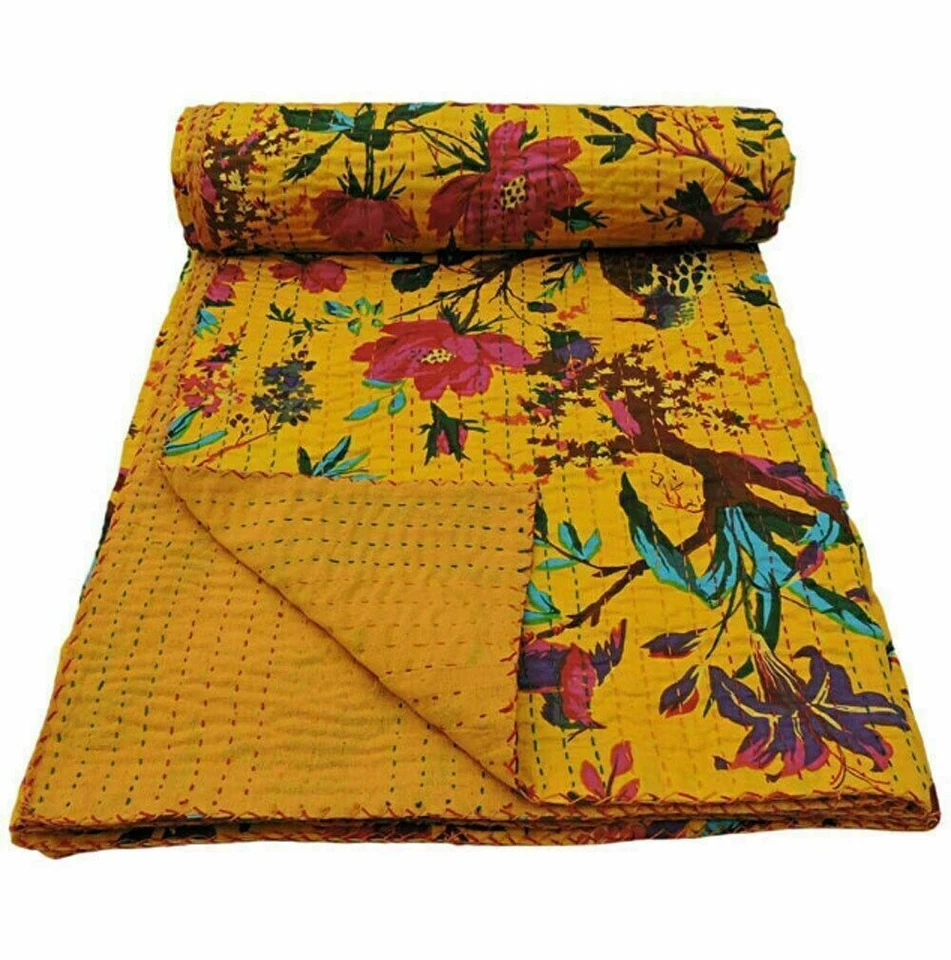 Manta de cama Kantha amarilla hecha a mano tamaño king boho indio tiro Kantha Foto 1 de 4