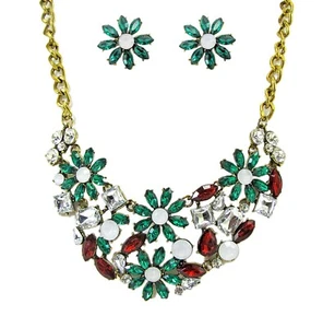 Kristall Blume Statement Halskette Set in Rot, Weiß, Grün, Klare Kristalle Neu - Bild 1 von 6