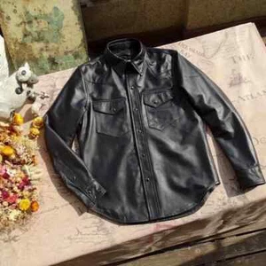 "Men's Lambskin Stylish Black Formal Shirts Genuine Leather Slim fit Jacket - Picture 1 of 5