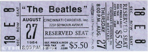 1  BEATLES UNUSED FULL CONCERT TICKET 1964 Cincinnati, Ohio  laminated reprint - Image 1 of 1