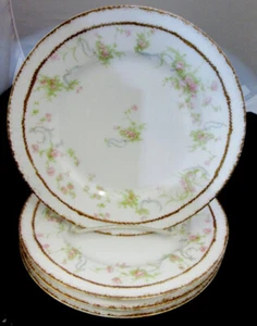 4 Haviland Limoges  SCHLEIGER Pink ROSES w Blue SCROLLS,  57 J  SALAD PLATES  VG - Picture 1 of 3