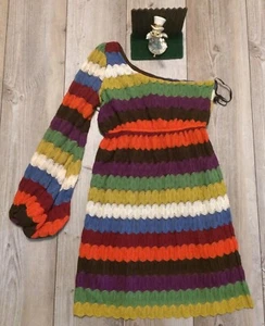 Judith March L Retro Dress Boho Multi-Color Striped One Shoulder Balloon Sleeve - Picture 1 of 5