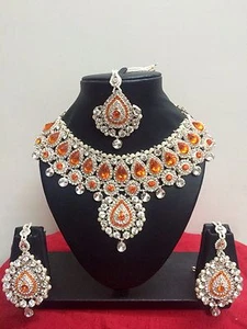 Indian Bollywood Style Rose Gold Plated Bridal Fashion Jewelry Necklace Set - Picture 1 of 23