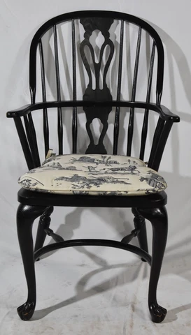 Black English Style Arm Windsor Chair Bench Made with Toile Blue Chair Pad Cover