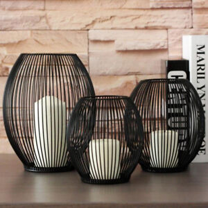 SET OF 3 BLACK CAGE LANTERN METAL WIRE CANDLE TEA LIGHT HOLDER STAND TABLE DECOR