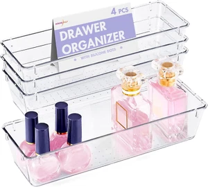 Desk Drawer Organizer Bins 4 PCS, 9*3*2" Clear Drawer Organizers with Silicone P - Picture 1 of 8