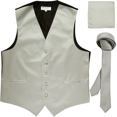 New Men's Solid Tuxedo Vest Waistcoat & 1.5" Skinny Necktie & hankie Set Silver - Image 1 of 4