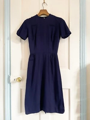 Vestido mod vintage años 60 para mujer, mezcla de lino azul marino, XS-XXS Foto 1 de 4