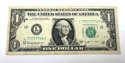 $1 1963B - FANCY - 7 of a Kind - NEAR-SOLID (L77777776F) - SEVEN SEVENS's - Image 1 of 4