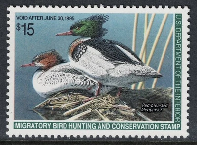 SCOTT#RW61, $15.00 RED BREASTED MERGANSERS. XF & NH. - Image 1 of 2